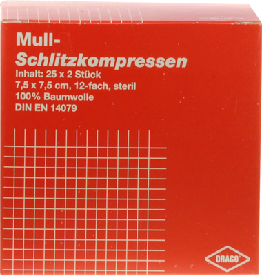 Schlitzkompressen Mull 7,5x7,5 cm steril 12fach (PZN 07574460)
