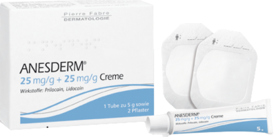 Anesderm 25 mg/g + 25 mg/g Creme+2 Pflaster (PZN 09071496)